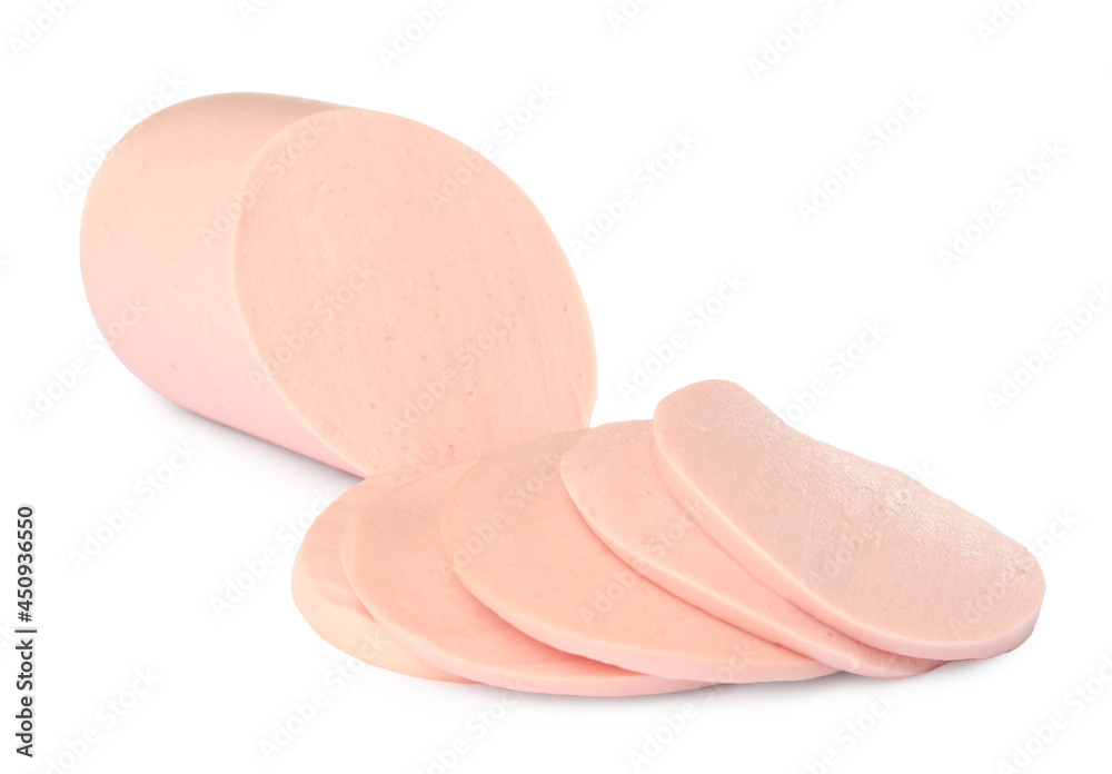Tasty cut boiled sausage on white background Tasty cut boiled sausage on white background