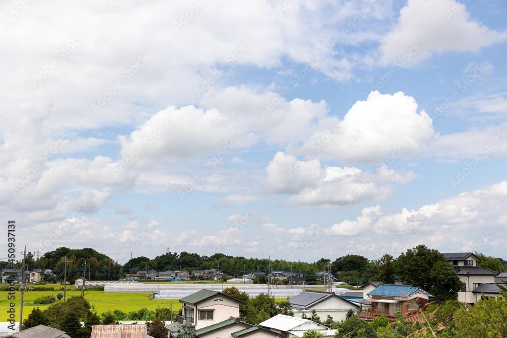 高台から見下ろす加須市北川辺の風景と青空 高台から見下ろす加須市北川辺の風景と青空
