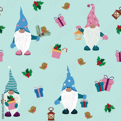 Seamless vector illustration with cute Christmas gnomes on a light background.
