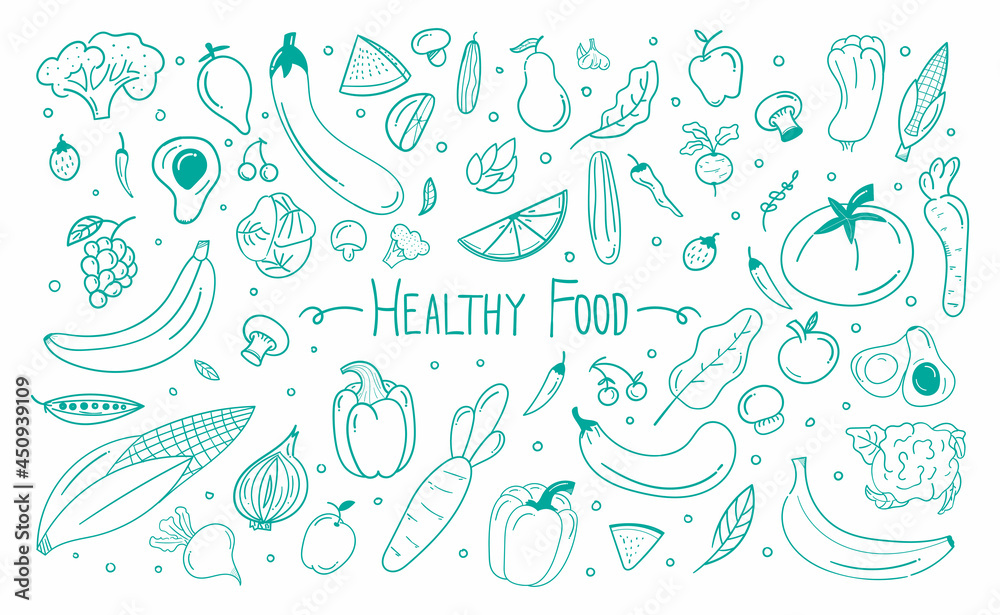hand drawn healthy food doodle background. vegetable doodle background. for  design background or restaurant and cafe wall decoration. healthy food  concept Stock Vector | Adobe Stock