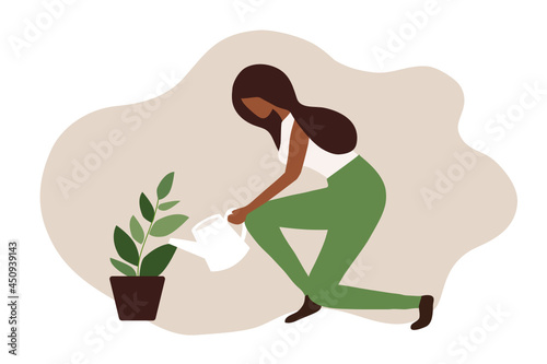 Happy woman watering houseplants at home vector illustration.. Hobby, stay home, lifestyle, home garden and houseplants concept	