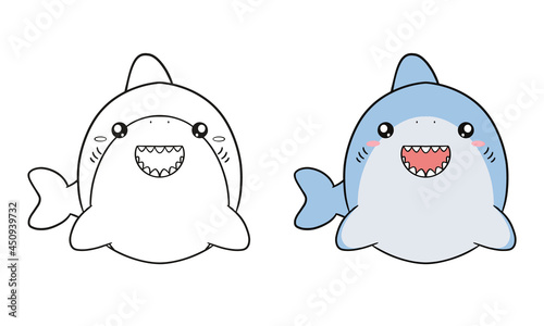 Children's coloring illustration with cute shark cartoon