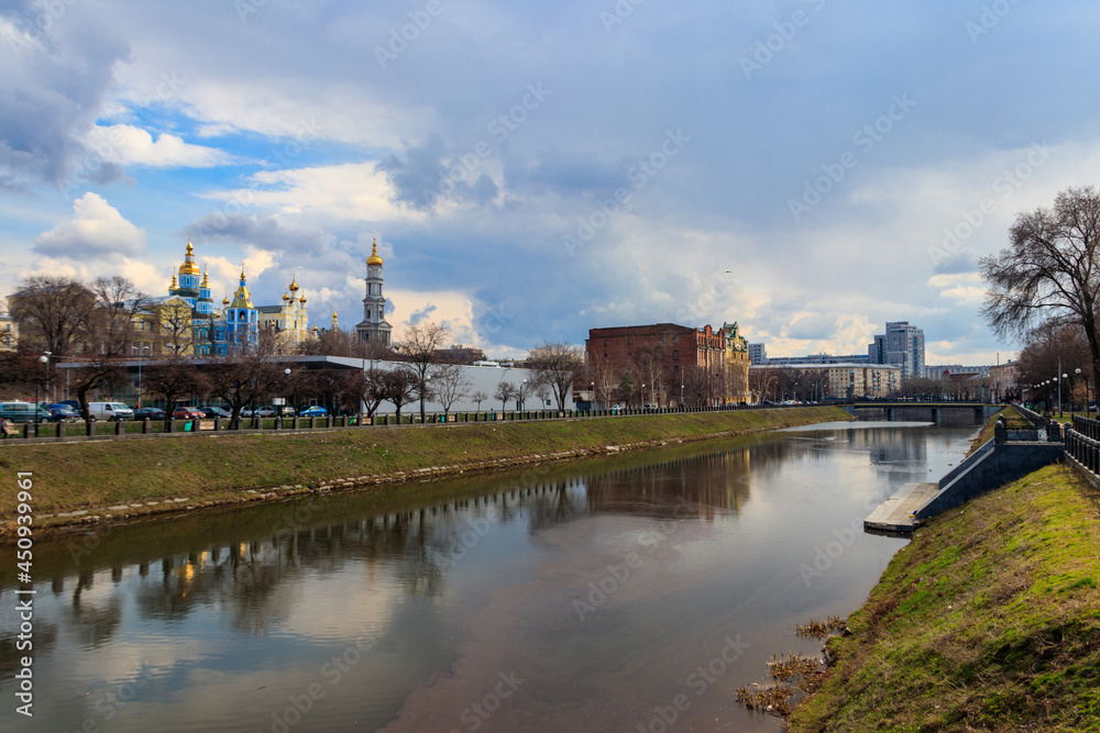 View of Intercession (Pokrovsky) Monastery and the Lopan river in Kharkov, Ukraine