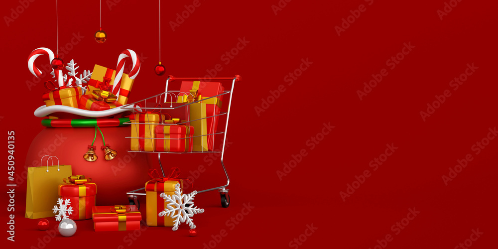 Christmas banner advertisement for Christmas and New year sale shopping cart with Christmas bag, 3d illustration