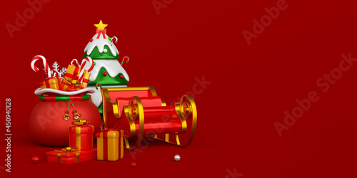 Christmas banner of Christmas bag and sleigh on red background  3d illustration
