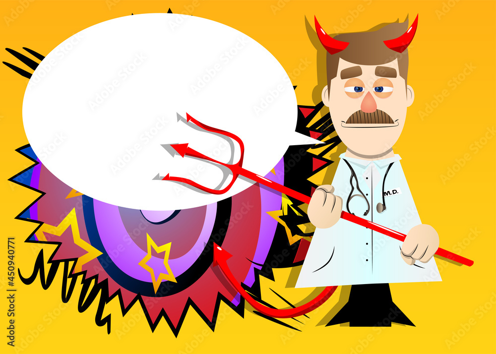 Funny cartoon doctor devil with pitchfork. Vector illustration. Funny cartoon doctor devil with pitchfork. Vector illustration.