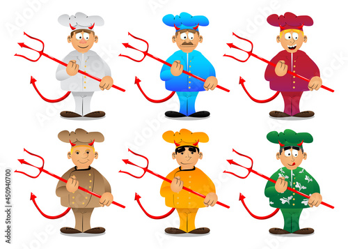 Fat male cartoon chef in uniform devil with pitchfork. Vector illustration.