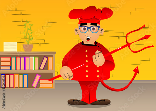 Fat male cartoon chef in uniform devil with pitchfork. Vector illustration.