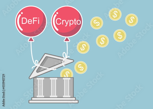 illustration of Cryptocurrency Decentralized(DeFi) destroy traditional bank system. DeFi and Crypto balloons taking roof of a bank building with dollar coins floating out up in the air. Vector.