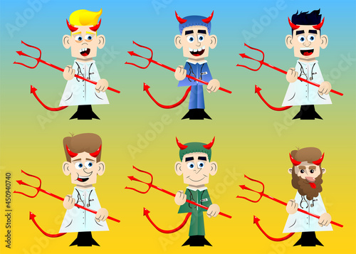 Funny cartoon doctor devil with pitchfork. Vector illustration.