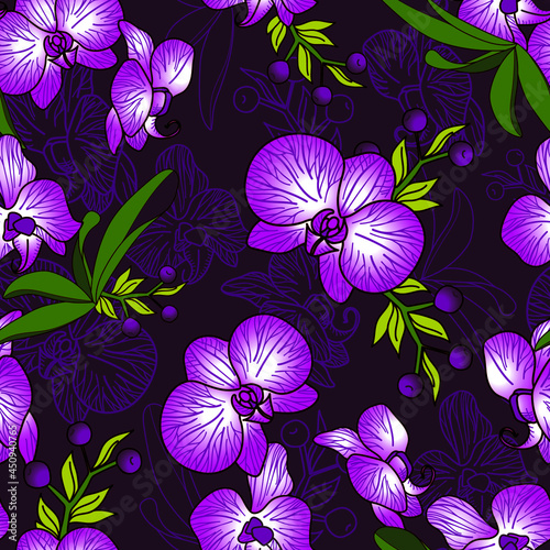 Fototapeta Naklejka Na Ścianę i Meble -  Purple Orchid Flowers Seamless Pattern Background