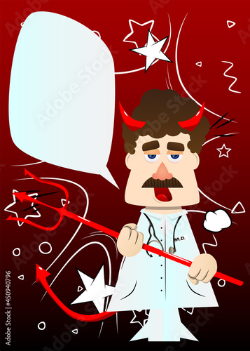 Funny cartoon doctor devil with pitchfork. Vector illustration.