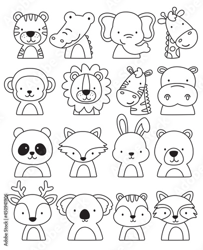 Cute outlined jungle and woodland animal faces coloring vector illustration.