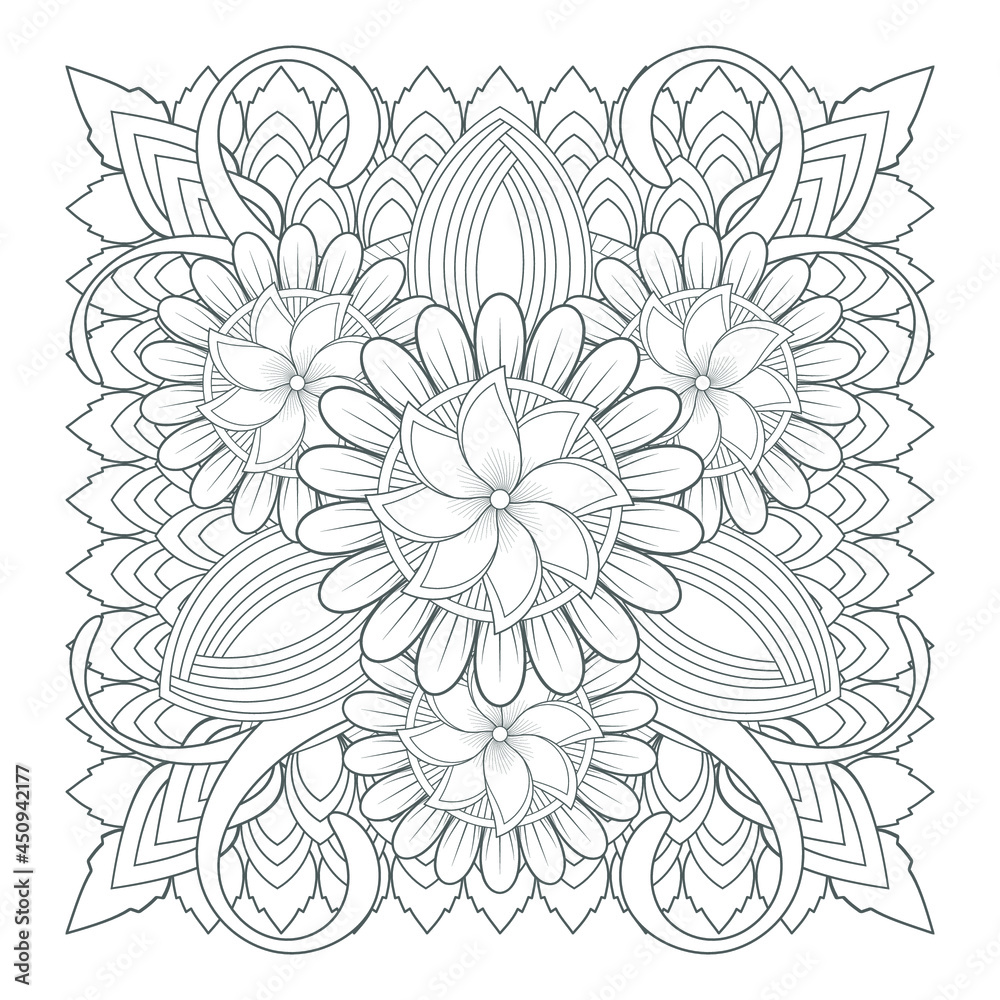 Printable Doodle flowers in monochrome for coloring page, cover, wedding invitation, greeting card, wall art isolated on white background. Hand drawn sketch for adult anti stress coloring page.