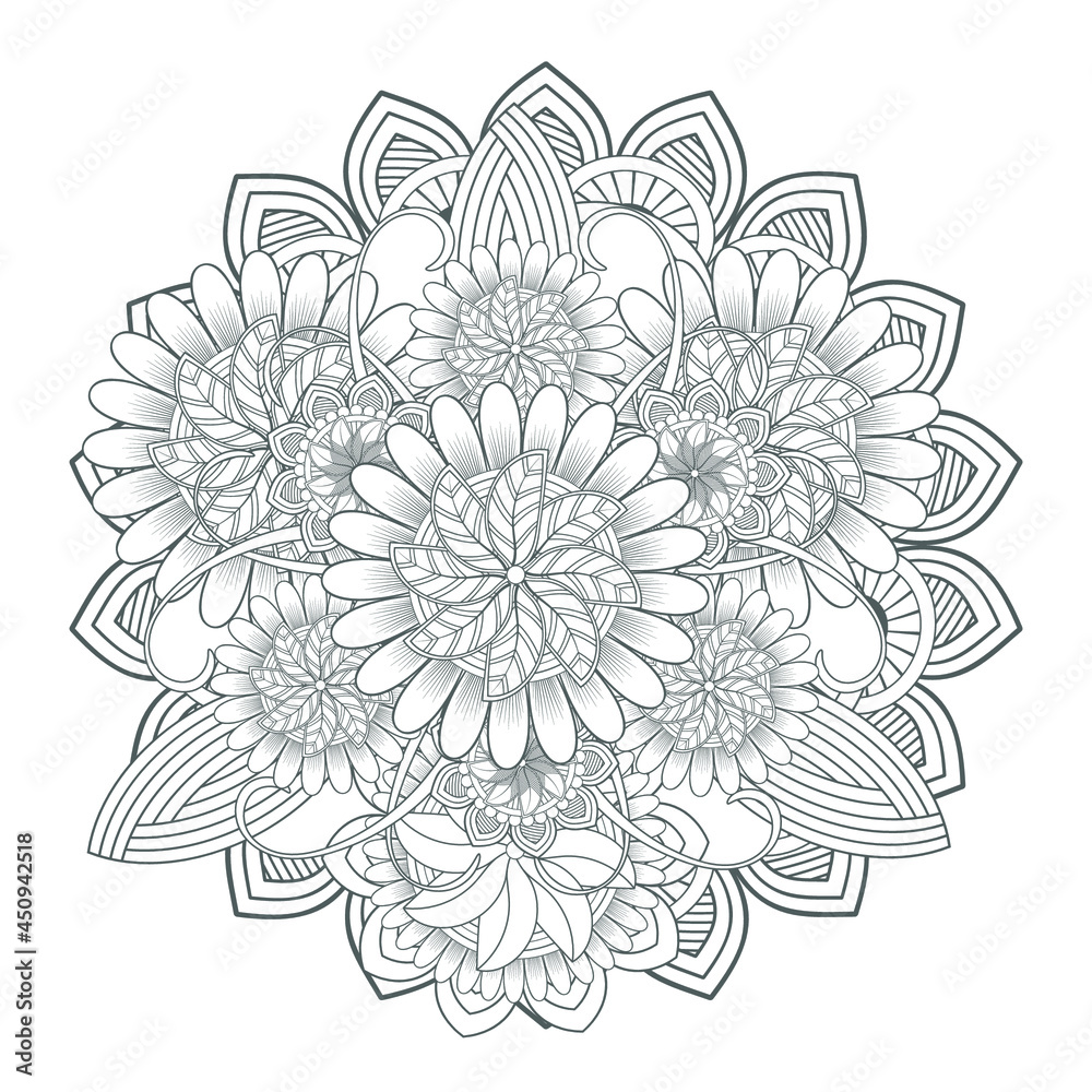 Printable Doodle flowers in monochrome for coloring page, cover, wedding invitation, greeting card, wall art isolated on white background. Hand drawn sketch for adult anti stress coloring page.