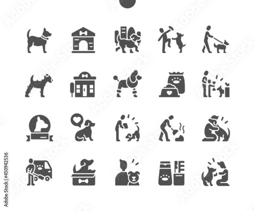 Dog. Clean up after pet. Dog food. Pet, puppy, labrador, pedigree, canine and paw. Vector Solid Icons. Simple Pictogram