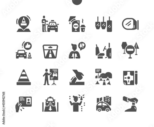 Driving School. Rearview mirror. Regulations book and traffic signs. Parking lesson. Driving test. Vector Solid Icons. Simple Pictogram