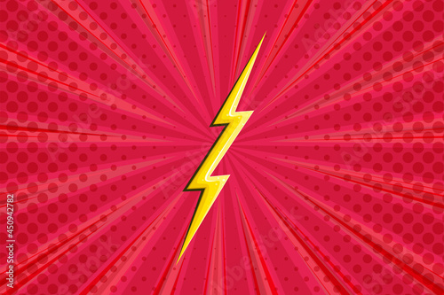 Superhero halftoned background with lightning. Red comic design with yellow flash. Vector illustration backdrop