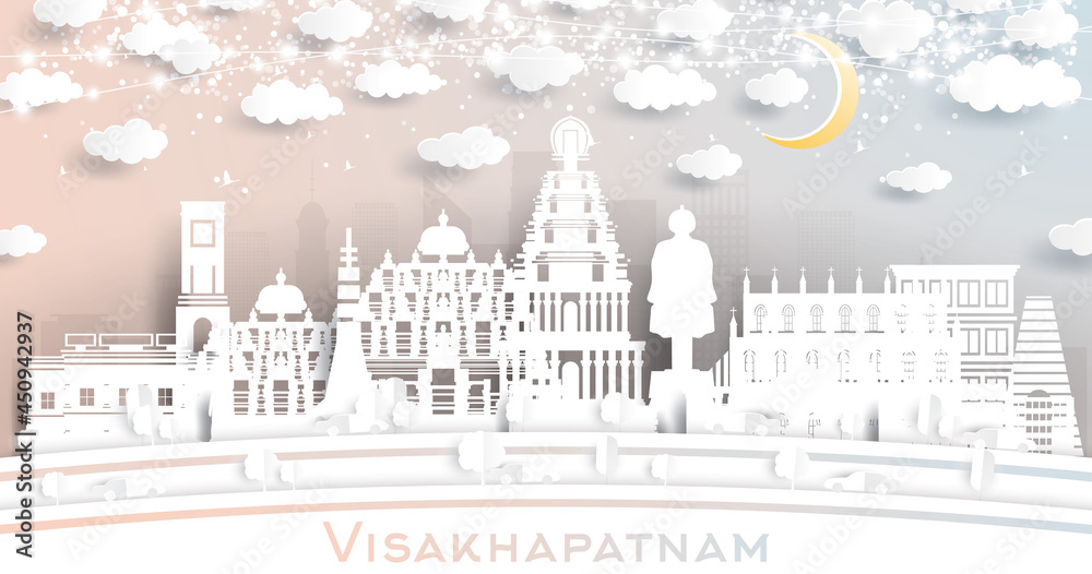 Visakhapatnam India City Skyline in Paper Cut Style with White Buildings, Moon and Neon Garland.