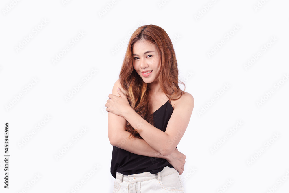 Close-up photo of an amazing long and sexy woman with long hair. Cute Asian woman smiling bright facial expression isolated on white background. Close-up photo of an amazing long and sexy woman with long hair. Cute Asian woman smiling bright facial expression isolated on white background.