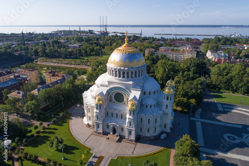 St. Nicholas Naval Cathedral in the cityscape on August morning (shot from a quadcopter). Kronshtadt, Russia