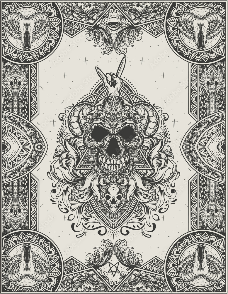 illustration vector skull head with antique engraving ornament style