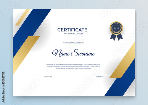 Certificate of appreciation template, gold and blue color. Clean modern certificate with gold badge. Certificate border template with luxury and modern line pattern. Diploma vector template