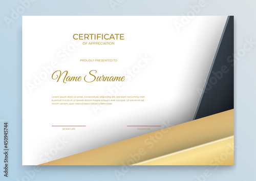 Certificate template. Diploma of modern design or gift certificate. Vector illustration. Elegant black and gold diploma certificate template. Multipurpose certificate of appreciation template