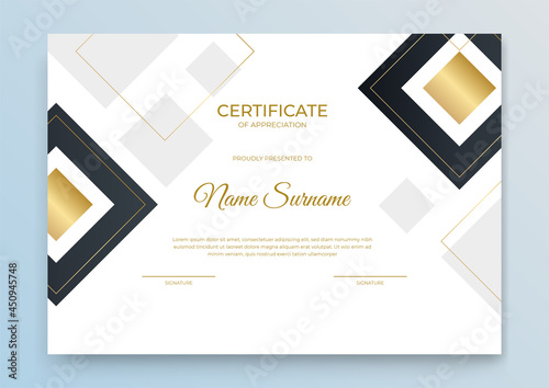 Diploma certificate template black and gold color with luxury and modern style vector image. Certificate of appreciation template, gold and Black color. Clean modern certificate with gold badge.