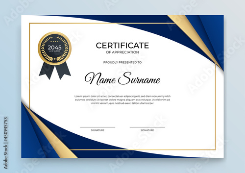 Elegant blue and gold diploma certificate template. Blue and gold Certificate of achievement template set Background with gold badge and border. Award diploma design blank. Vector Illustration