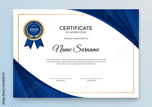 Elegant blue and gold diploma certificate template. Blue and gold Certificate of achievement template set Background with gold badge and border. Award diploma design blank. Vector Illustration