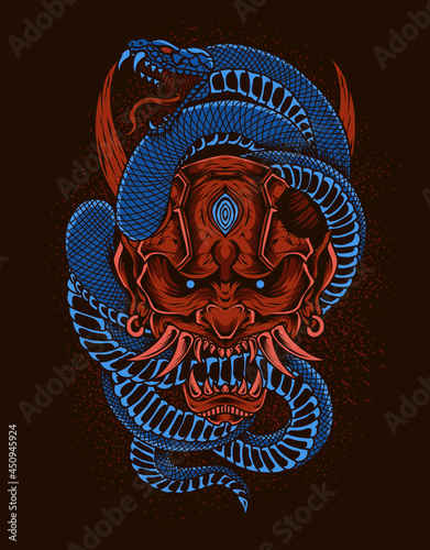 illustration red oni mask with snake
