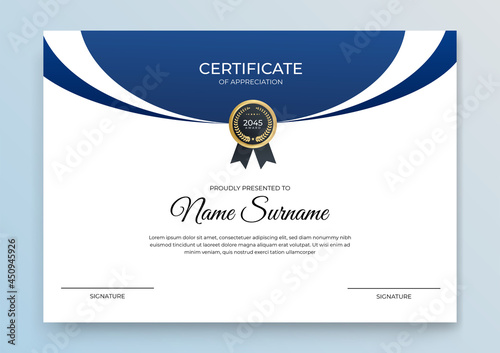 Certificate of appreciation template, gold and blue color. Clean modern certificate with gold badge. Certificate border template with luxury and modern line pattern. Diploma vector template