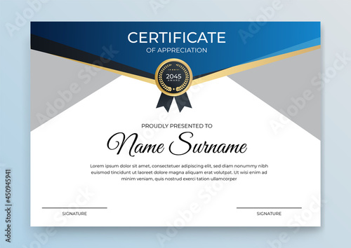 Certificate of appreciation template, gold and blue color. Clean modern certificate with gold badge. Certificate border template with luxury and modern line pattern. Diploma vector template