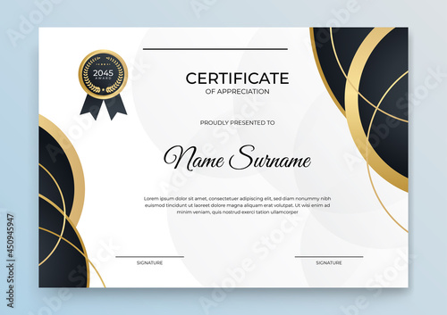 Diploma certificate template black and gold color with luxury and modern style vector image. Certificate of appreciation template, gold and Black color. Clean modern certificate with gold badge.