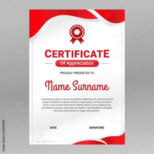 Modern Portrait certificate template vector perfect for excellence, achievement, appreciation or completion on white and red background.