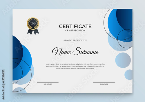 Modern blue certificate template. Premium gold and blue certificate of appreciation template, clean modern design with gold badge. Golden color Certificate Award Design Template. Clean modern award
