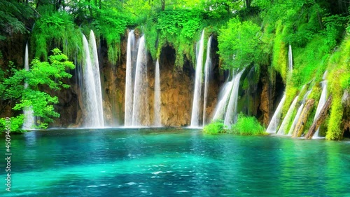 Cinemagraph video of waterfall landscape in Plitvice Lakes Croatia in springtime . Tranquil nature scenery for relaxation background . photo