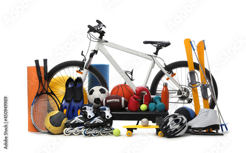 Bicycle and different modern sport equipment on white background