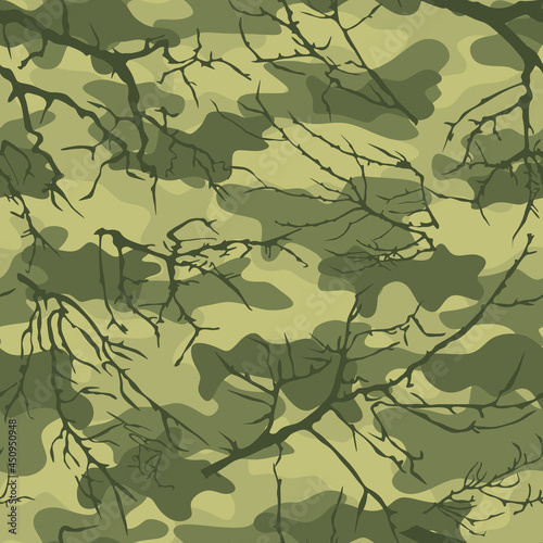 Camouflage with tree branches. Vector print. Hunting and fishing. Leisure.