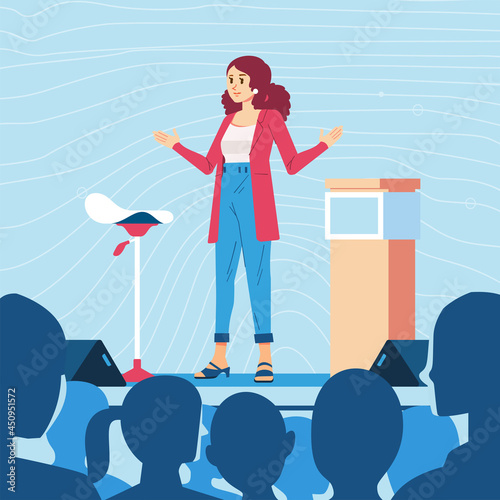 vector illustration of young women motivator, a businesswomen, professional giving motivation in front of the people