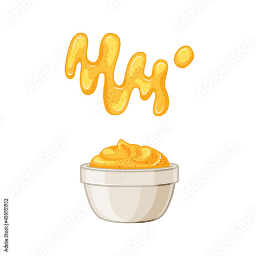 Mustard sauce in a bowl and a spot on a white isolated background. Vector illustration of food in a cartoon style