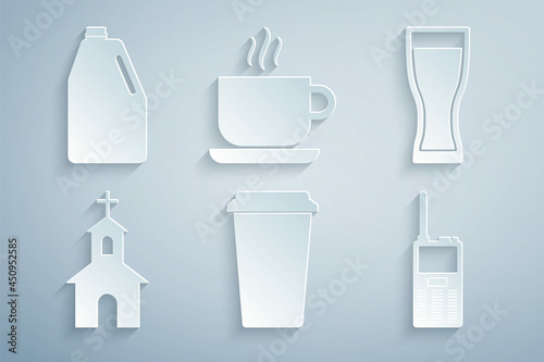 Set Coffee cup, Glass beer, Church building, Walkie talkie, and Household chemicals bottle icon. Vector