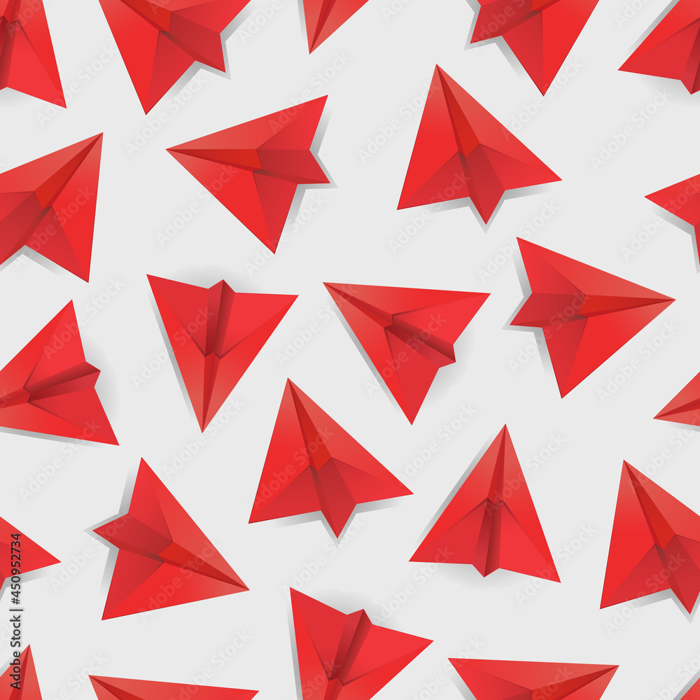 Red paper planes on a white flat background. Concept for business. Chaos and disorder. Seamless illustration. Red paper planes on a white flat background. Concept for business. Chaos and disorder. Seamless illustration.