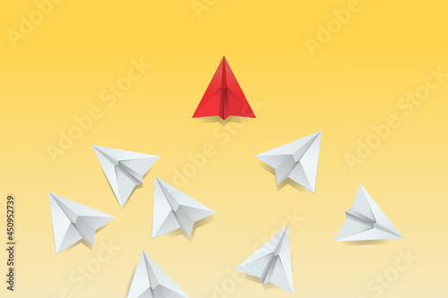 White and red paper planes on a yellow flat background. Concept for business. Problem solution. Leadership. Way out of chaos. Illustration