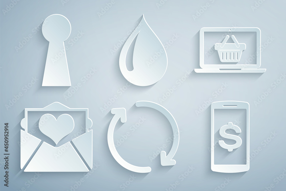 Set Refresh, Shopping basket on laptop, Envelope with Valentine heart, Smartphone dollar, Water drop and Keyhole icon. Vector