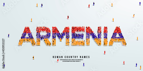 A large group of people stands, making up the word Armenia. Armenian flag made from people. Vector illustration isolated on white background.