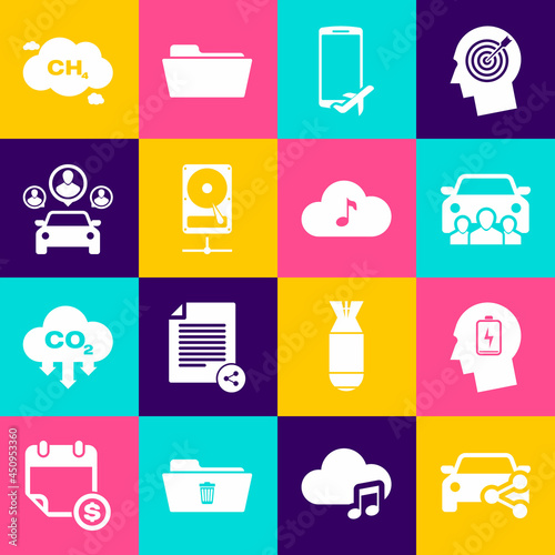 Set Car sharing, Head with low battery, , Flight mode the mobile, Hard disk drive on network and icon. Vector