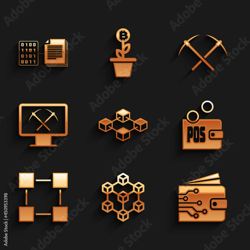 Set Blockchain technology, , Cryptocurrency wallet, Proof of stake, and Mining with monitor and pickaxe icon. Vector