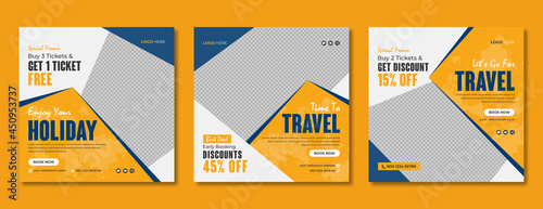 Tour and travel business marketing social media post template design. Travelling sale online promotion web banner or flyer with abstract graphic background and logo. Summer beach holiday poster    